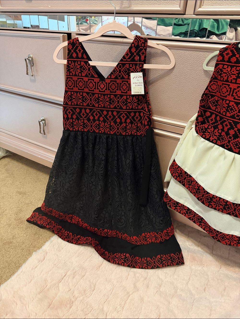 Girls Black and Red Embroidered V-Neck Dress